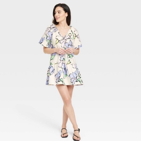 a new day Dresses & Skirts - Women's Flutter Short Sleeve Mini Poplin Dress - A New Day™ White/Purple Floral